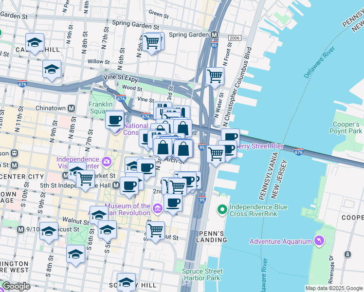 map of restaurants, bars, coffee shops, grocery stores, and more near 130 North 2nd Street in Philadelphia