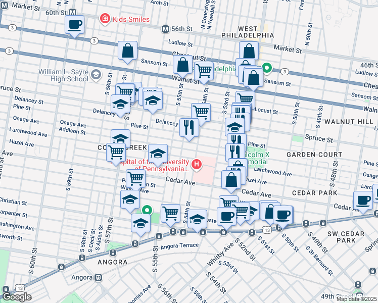 map of restaurants, bars, coffee shops, grocery stores, and more near 5412 Addison Street in Philadelphia