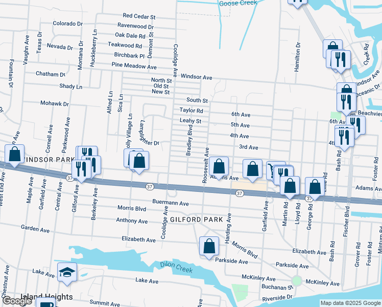 map of restaurants, bars, coffee shops, grocery stores, and more near 2125 Patton Road in Toms River