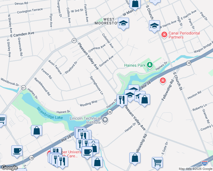 map of restaurants, bars, coffee shops, grocery stores, and more near 325 Springhouse Lane in Moorestown