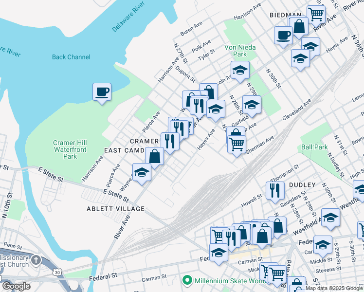 map of restaurants, bars, coffee shops, grocery stores, and more near 922 North 22nd Street in Camden