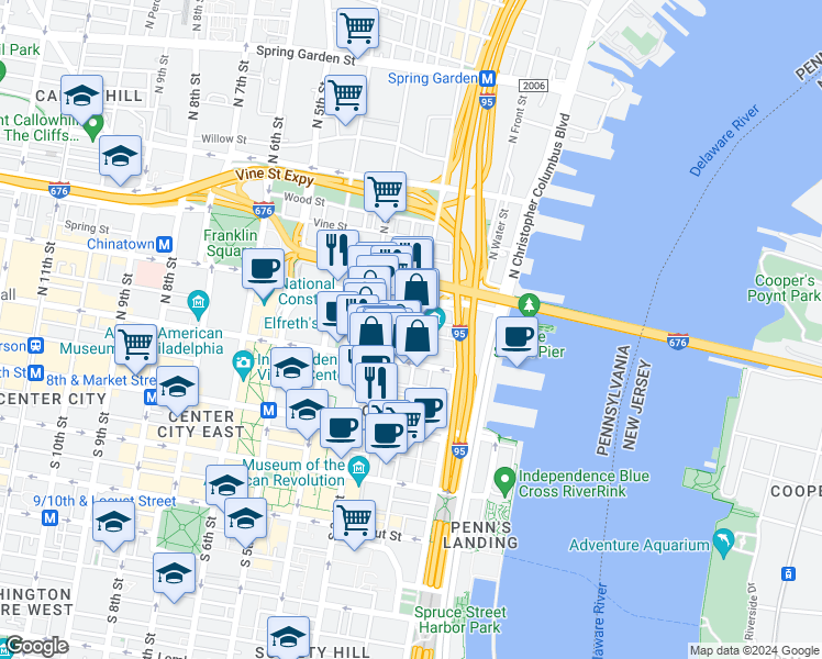 map of restaurants, bars, coffee shops, grocery stores, and more near 136-38 North 2nd Street in Philadelphia