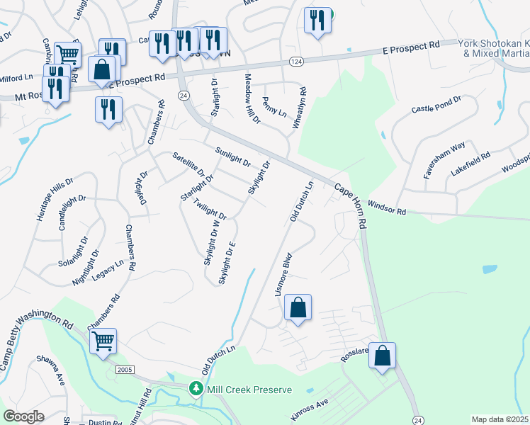 map of restaurants, bars, coffee shops, grocery stores, and more near 3182 Old Dutch Lane in York