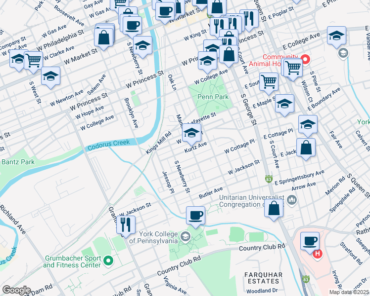 map of restaurants, bars, coffee shops, grocery stores, and more near 256 Kurtz Avenue in York