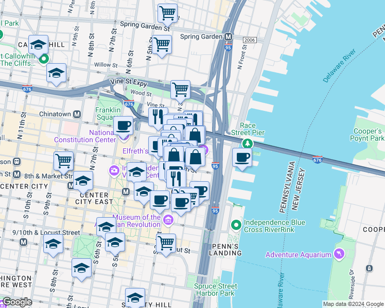 map of restaurants, bars, coffee shops, grocery stores, and more near 136-38 North 2nd Street in Philadelphia