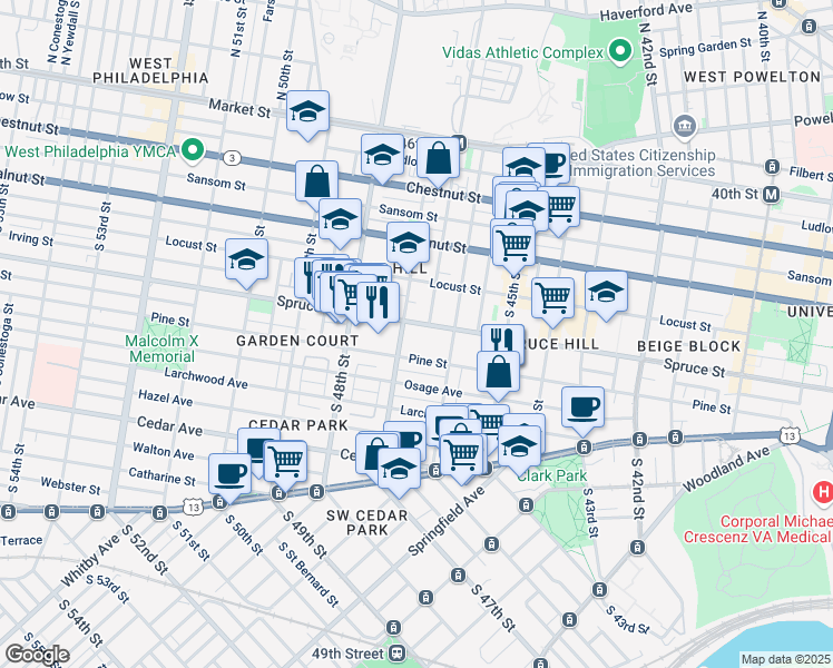 map of restaurants, bars, coffee shops, grocery stores, and more near 4634 Spruce Street in Philadelphia