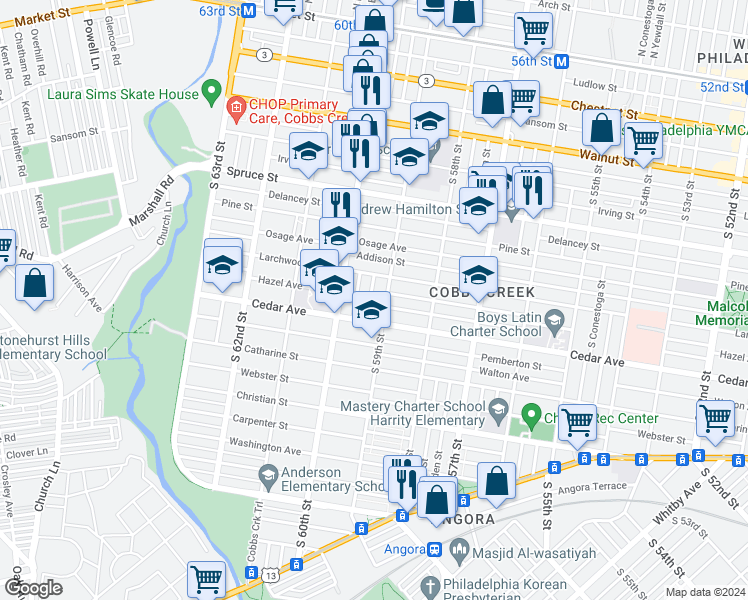 map of restaurants, bars, coffee shops, grocery stores, and more near 537 South Redfield Street in Philadelphia