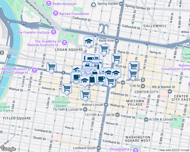 map of restaurants, bars, coffee shops, grocery stores, and more near 1500 Market Street in Philadelphia