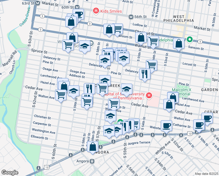 map of restaurants, bars, coffee shops, grocery stores, and more near 5648 Larchwood Avenue in Philadelphia