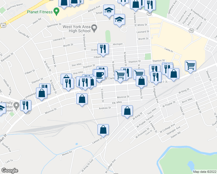 map of restaurants, bars, coffee shops, grocery stores, and more near 1730 West Market Street in West York