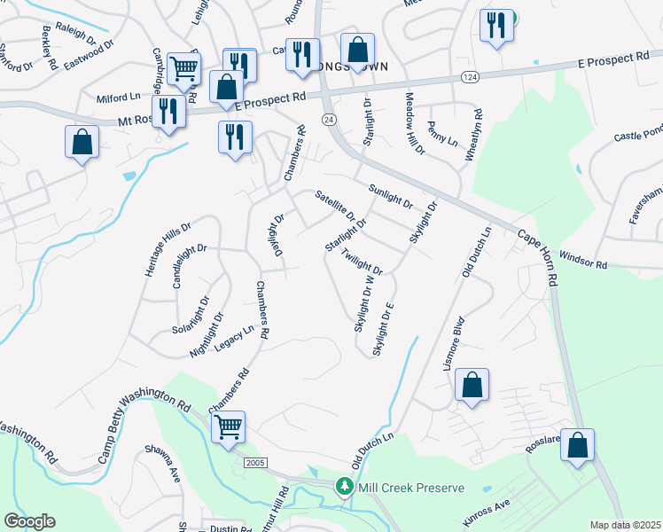 map of restaurants, bars, coffee shops, grocery stores, and more near 3161 Starlight Drive in York
