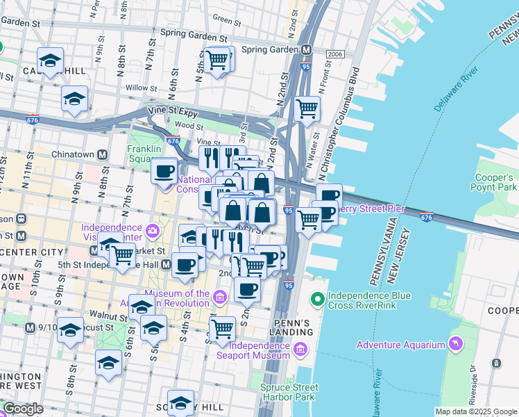 map of restaurants, bars, coffee shops, grocery stores, and more near 105 North Bread Street in Philadelphia