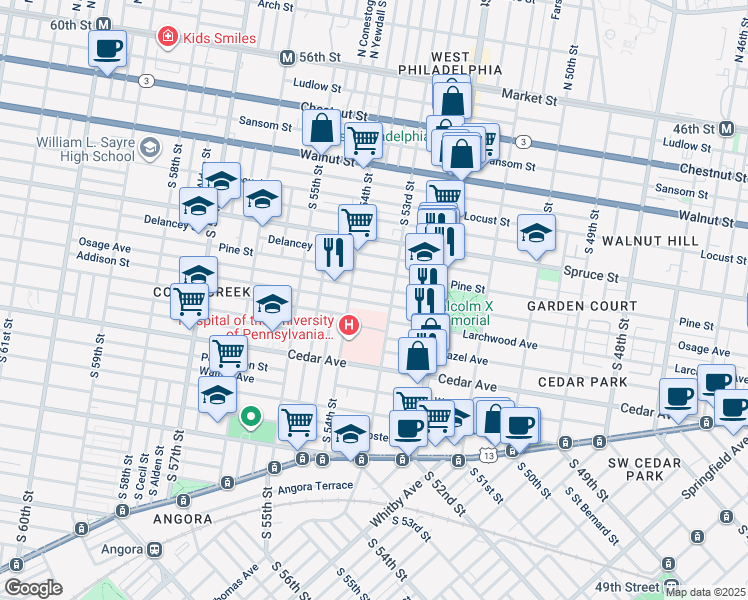 map of restaurants, bars, coffee shops, grocery stores, and more near 5325 Addison Street in Philadelphia