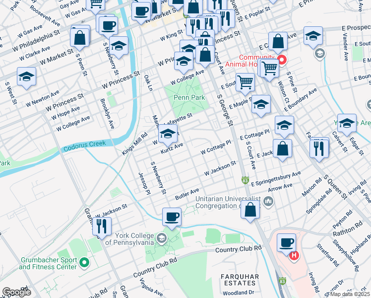 map of restaurants, bars, coffee shops, grocery stores, and more near 616 South Pershing Avenue in York