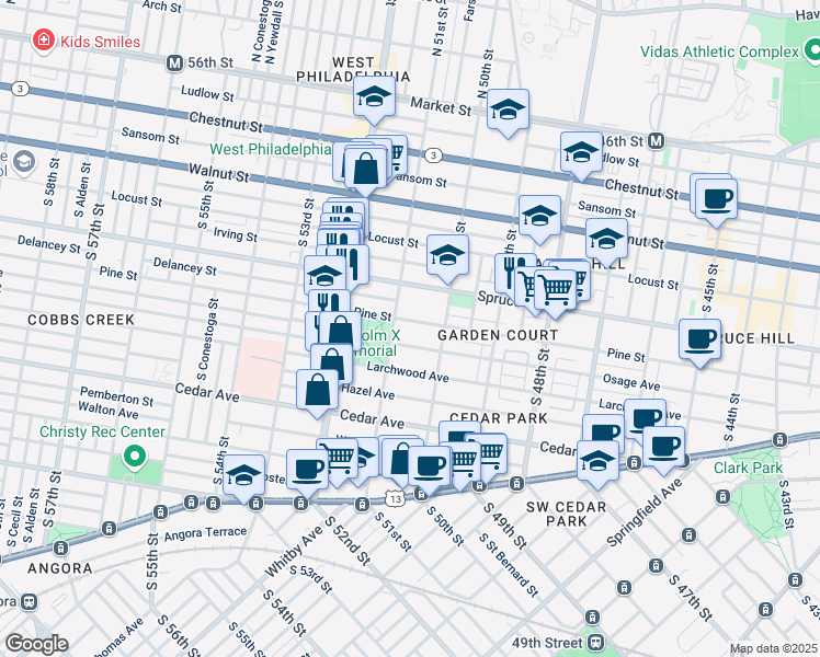 map of restaurants, bars, coffee shops, grocery stores, and more near 5034 Pine Street in Philadelphia