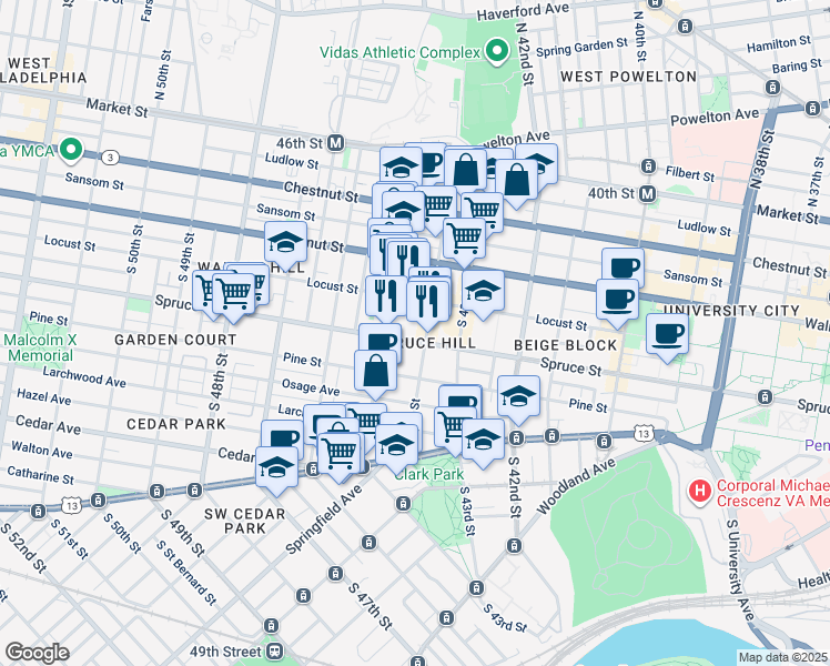 map of restaurants, bars, coffee shops, grocery stores, and more near 4411 Spruce Street in Philadelphia