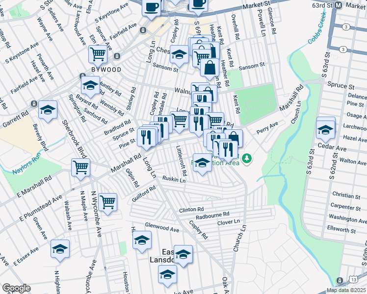 map of restaurants, bars, coffee shops, grocery stores, and more near 414 Millbank Road in Delaware County