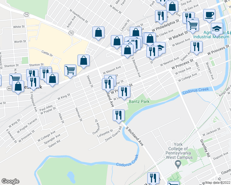 map of restaurants, bars, coffee shops, grocery stores, and more near 926 West Princess Street in York
