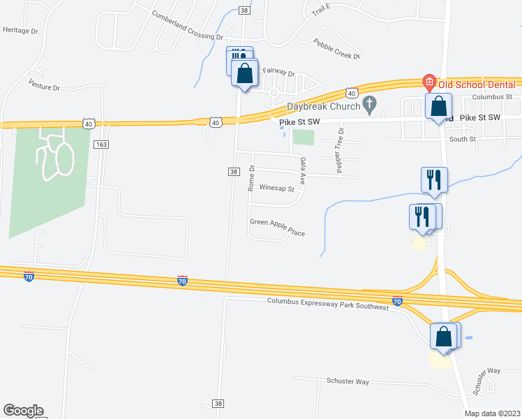 map of restaurants, bars, coffee shops, grocery stores, and more near 183 Gala Avenue in Pataskala