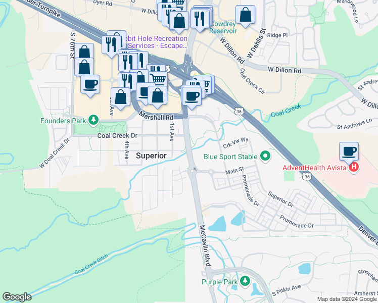 map of restaurants, bars, coffee shops, grocery stores, and more near McCaslin Boulevard in Superior