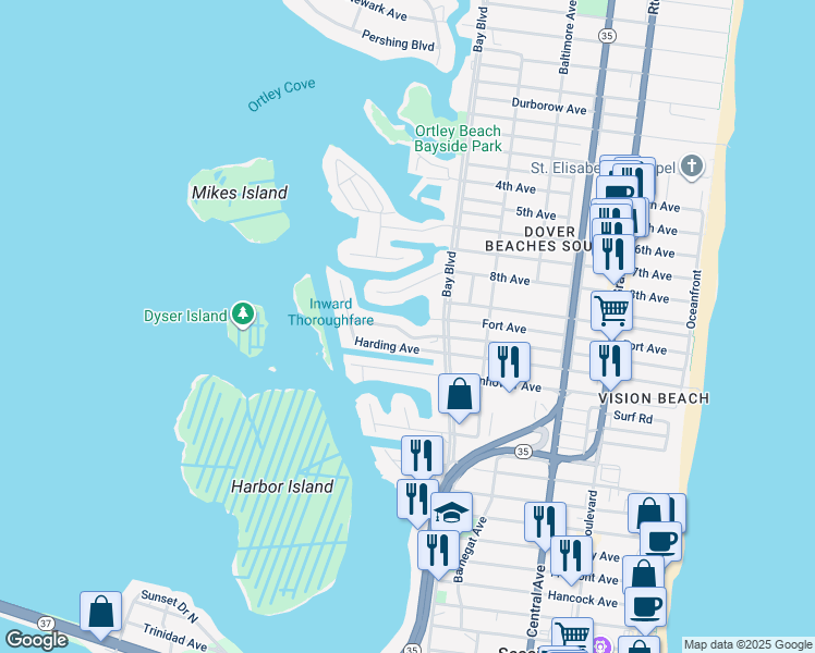 map of restaurants, bars, coffee shops, grocery stores, and more near 424 Harding Avenue in Seaside Heights