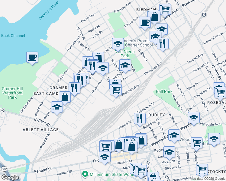 map of restaurants, bars, coffee shops, grocery stores, and more near in Camden