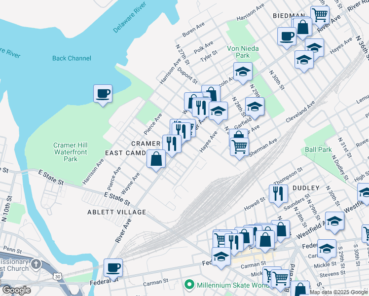 map of restaurants, bars, coffee shops, grocery stores, and more near 922 North 22nd Street in Camden