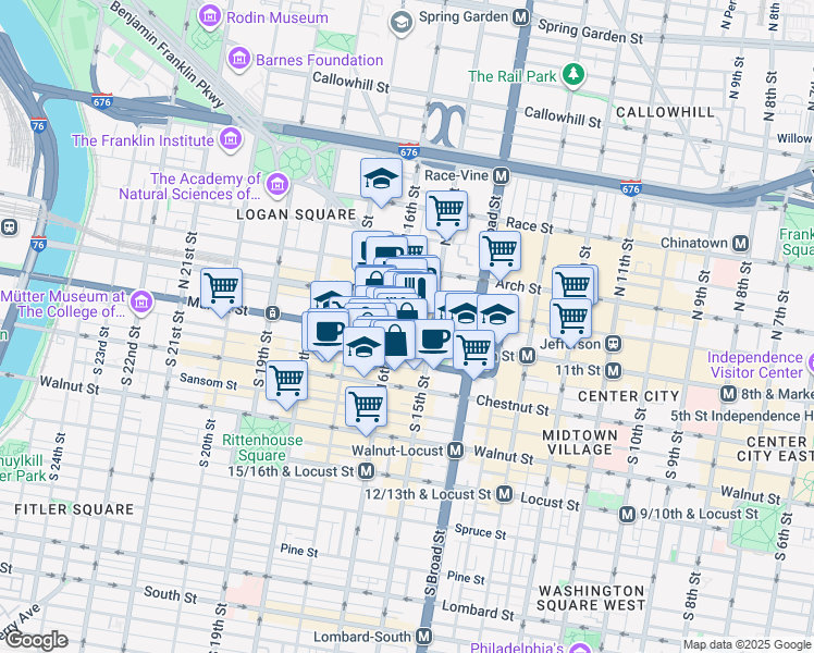 map of restaurants, bars, coffee shops, grocery stores, and more near 1500 Market Street in Philadelphia