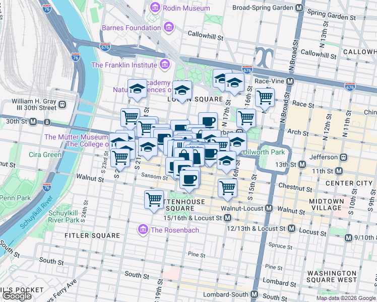 map of restaurants, bars, coffee shops, grocery stores, and more near 1822 Ludlow Street in Philadelphia