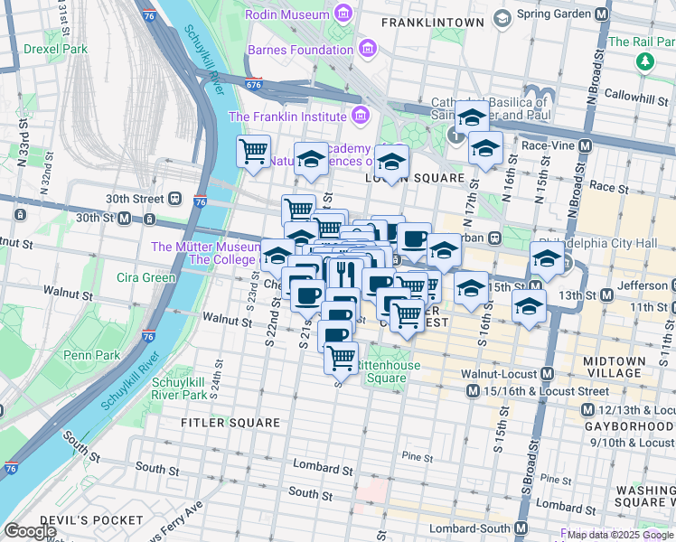 map of restaurants, bars, coffee shops, grocery stores, and more near 2011 Chestnut Street in Philadelphia