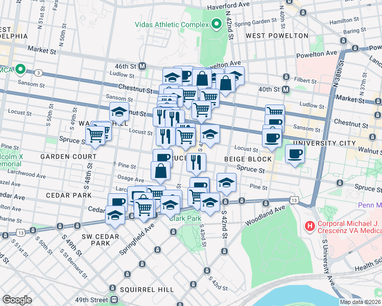 map of restaurants, bars, coffee shops, grocery stores, and more near in Philadelphia