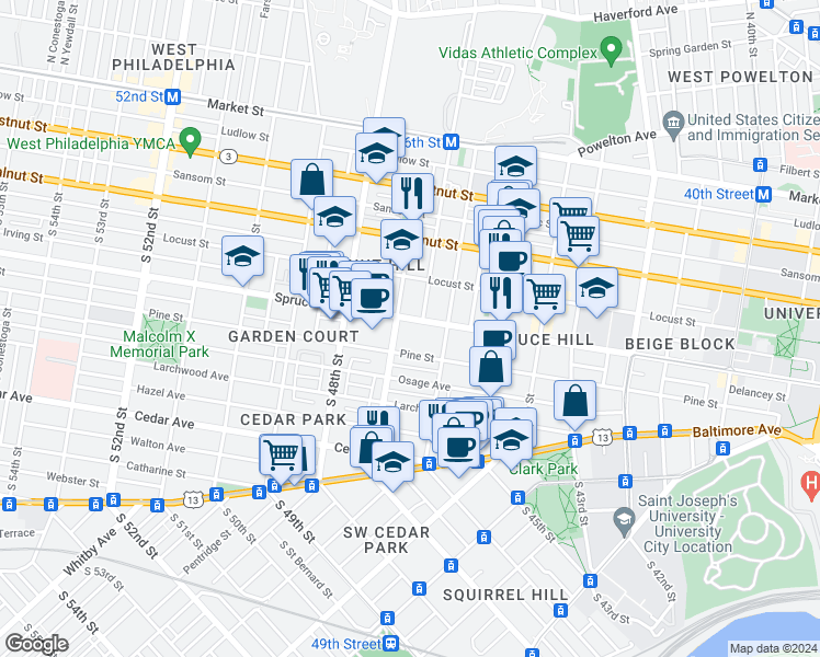 map of restaurants, bars, coffee shops, grocery stores, and more near 4643 Pine Street in Philadelphia