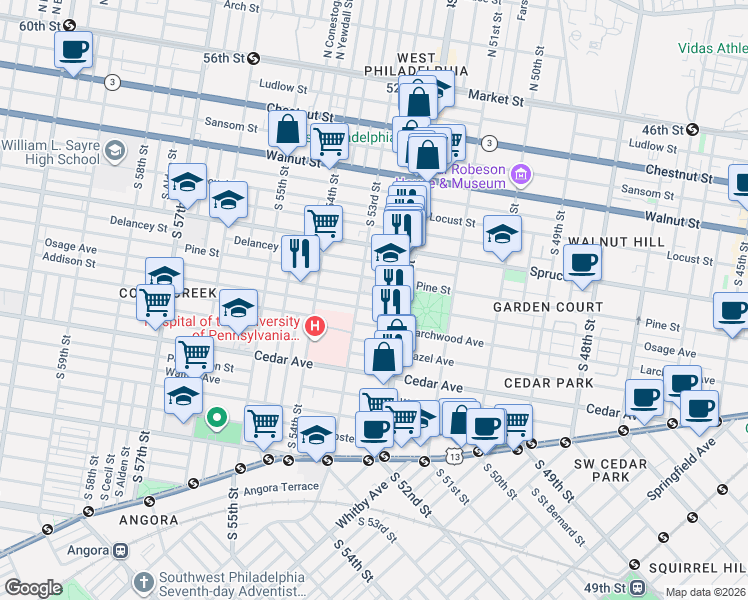 map of restaurants, bars, coffee shops, grocery stores, and more near 5254 Addison Street in Philadelphia