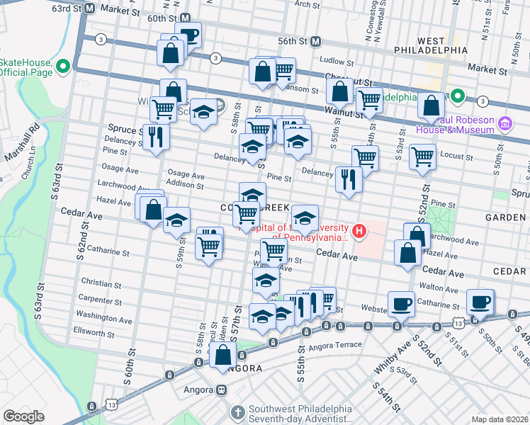map of restaurants, bars, coffee shops, grocery stores, and more near 5624 Hazel Avenue in Philadelphia