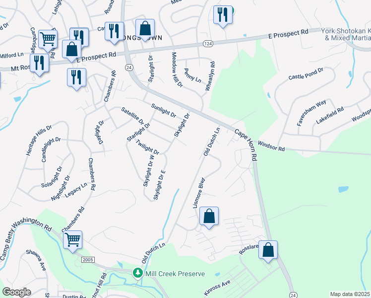 map of restaurants, bars, coffee shops, grocery stores, and more near 3182 Old Dutch Lane in York