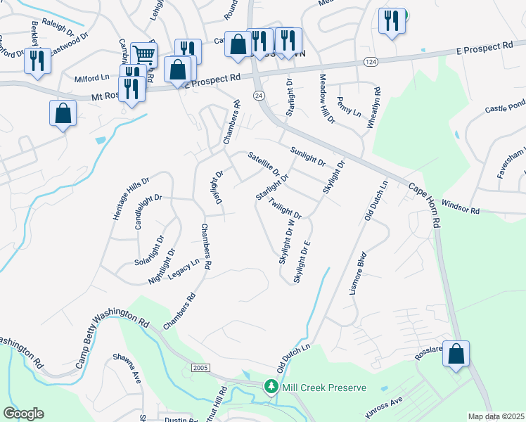 map of restaurants, bars, coffee shops, grocery stores, and more near 3161 Starlight Drive in York