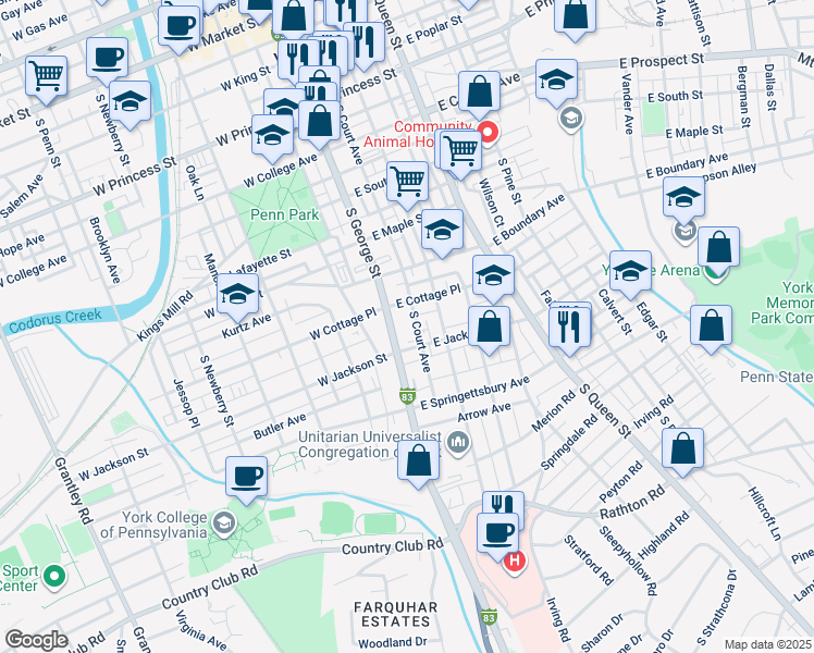 map of restaurants, bars, coffee shops, grocery stores, and more near 31 East Jackson Street in York