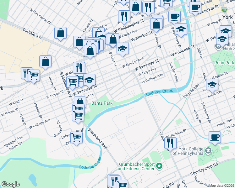 map of restaurants, bars, coffee shops, grocery stores, and more near 604 West College Avenue in York