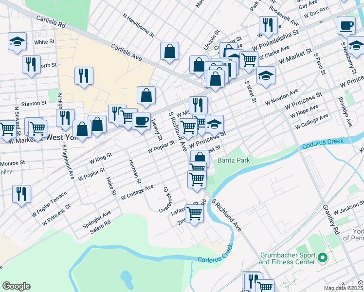 map of restaurants, bars, coffee shops, grocery stores, and more near 1022 West Princess Street in West York