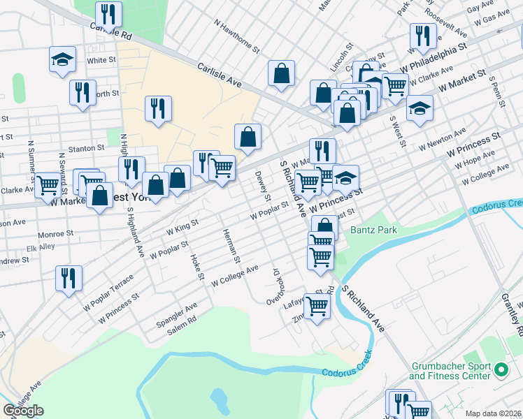 map of restaurants, bars, coffee shops, grocery stores, and more near 1107 West Princess Street in West York