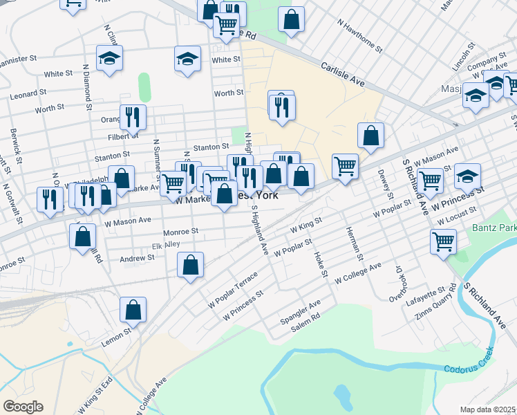 map of restaurants, bars, coffee shops, grocery stores, and more near 1411 Monroe Street in West York
