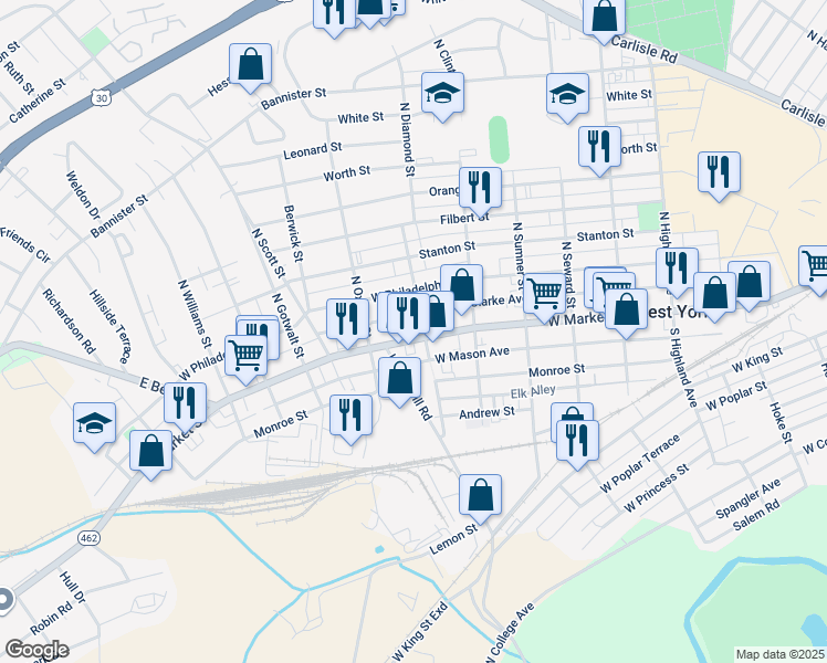 map of restaurants, bars, coffee shops, grocery stores, and more near 1880 West Market Street in York