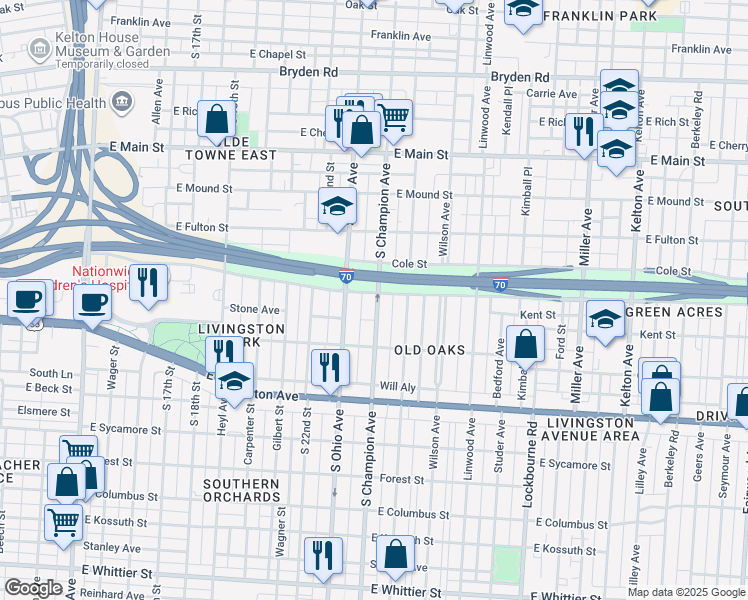 map of restaurants, bars, coffee shops, grocery stores, and more near 632 South Champion Avenue in Columbus