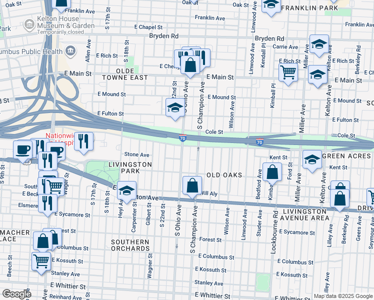 map of restaurants, bars, coffee shops, grocery stores, and more near 624 South Ohio Avenue in Columbus