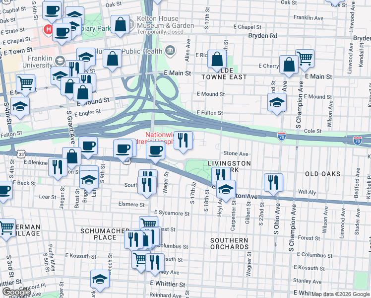 map of restaurants, bars, coffee shops, grocery stores, and more near 700 Children's Drive in Columbus