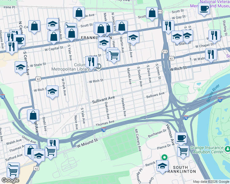 map of restaurants, bars, coffee shops, grocery stores, and more near 339 Avondale Avenue in Columbus