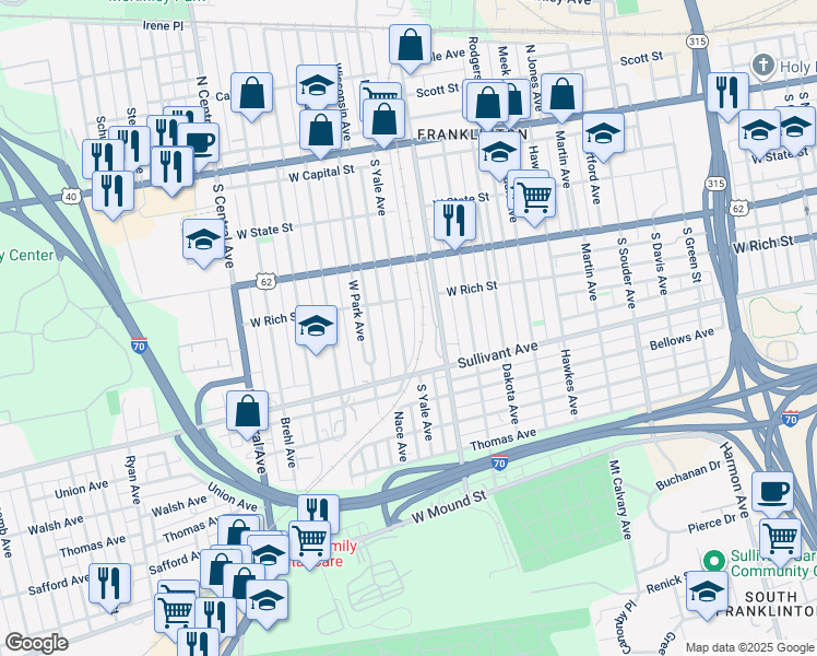 map of restaurants, bars, coffee shops, grocery stores, and more near 293 South Yale Avenue in Columbus