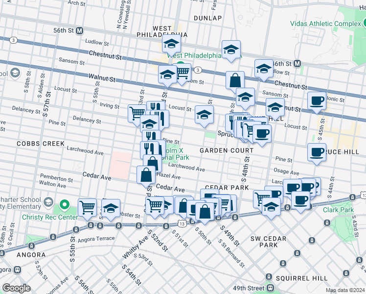 map of restaurants, bars, coffee shops, grocery stores, and more near 407 South 51st Street in Philadelphia