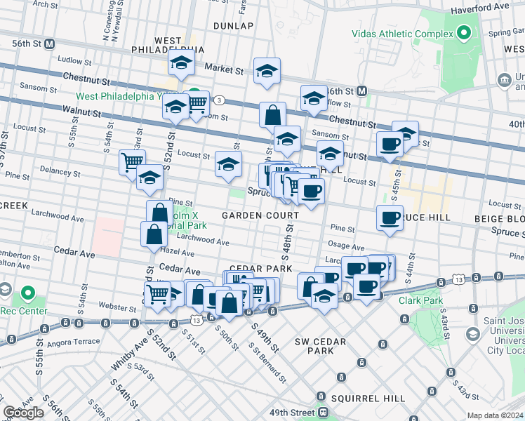 map of restaurants, bars, coffee shops, grocery stores, and more near 4849 Pine Street in Philadelphia