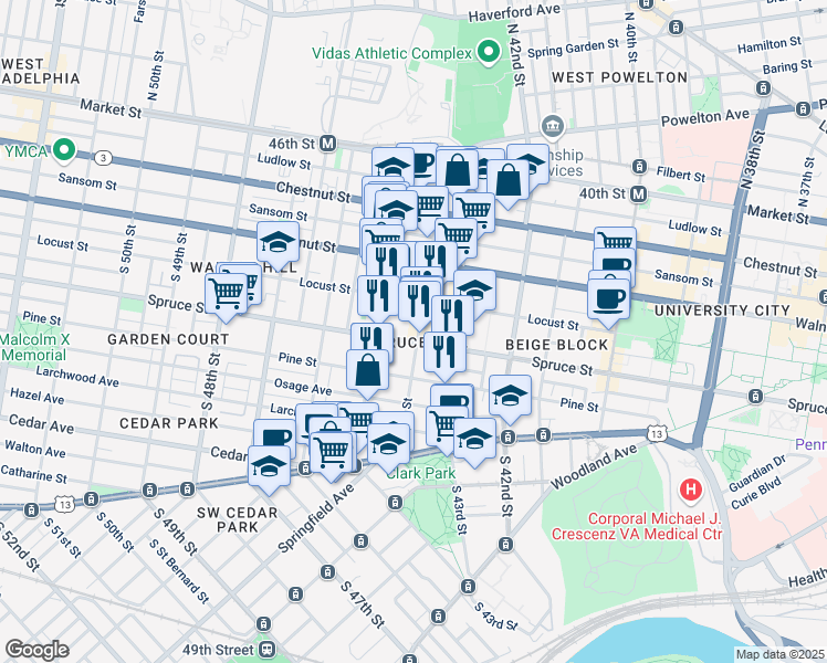 map of restaurants, bars, coffee shops, grocery stores, and more near 4401 Spruce Street in Philadelphia